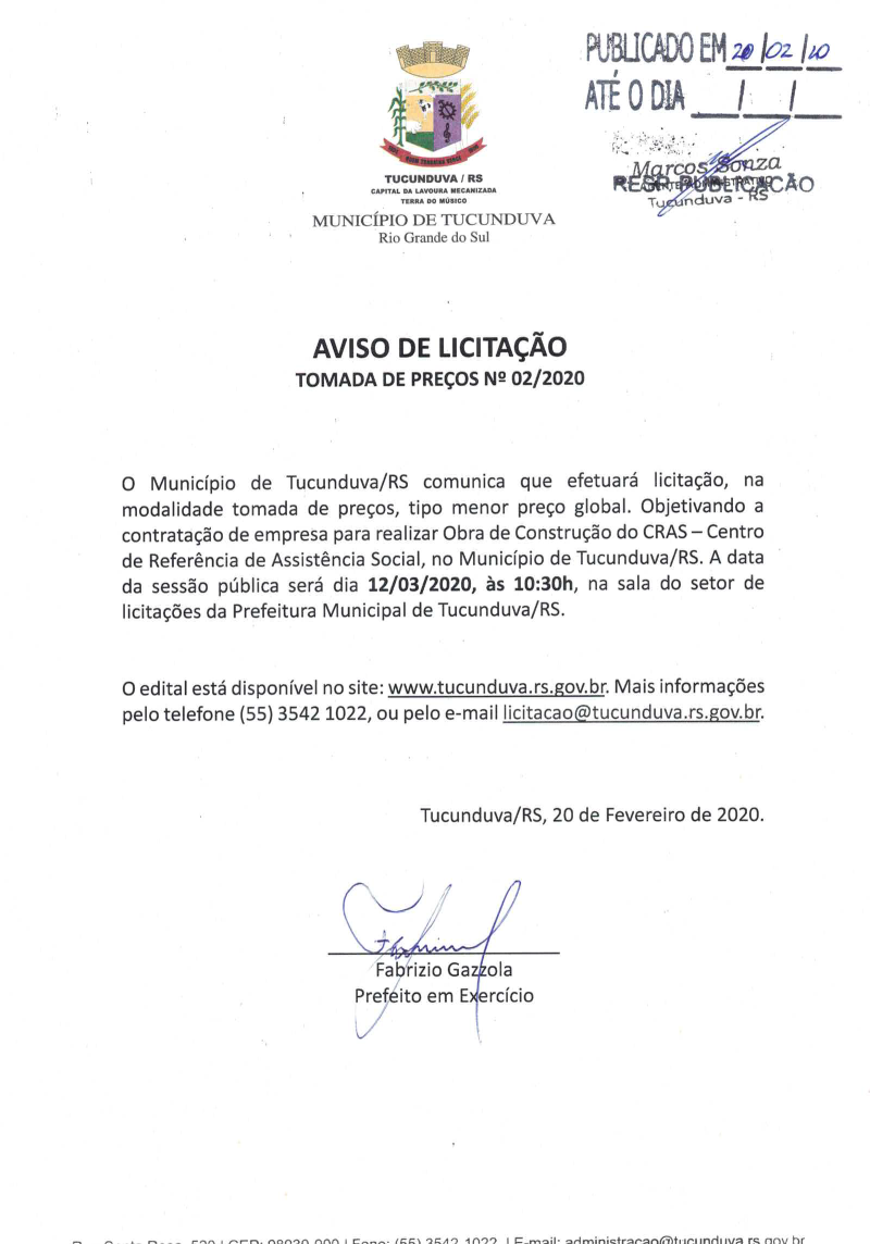 AVISO DE TMP Nº 02/2020 CONSTRUÇÃO PRÉDIO CRAS